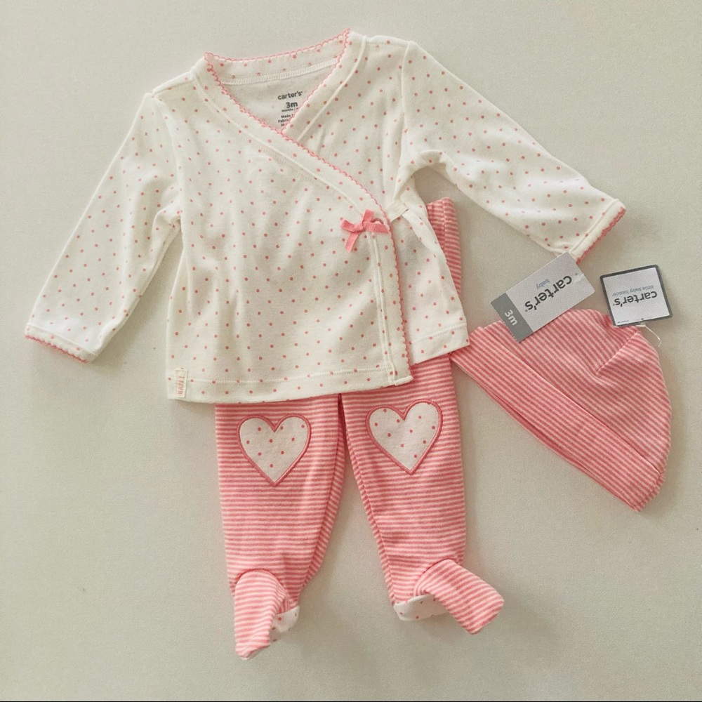 Carter’s Baby Girl 3 Months Pink Outfit Top Footed Pants Hat Set